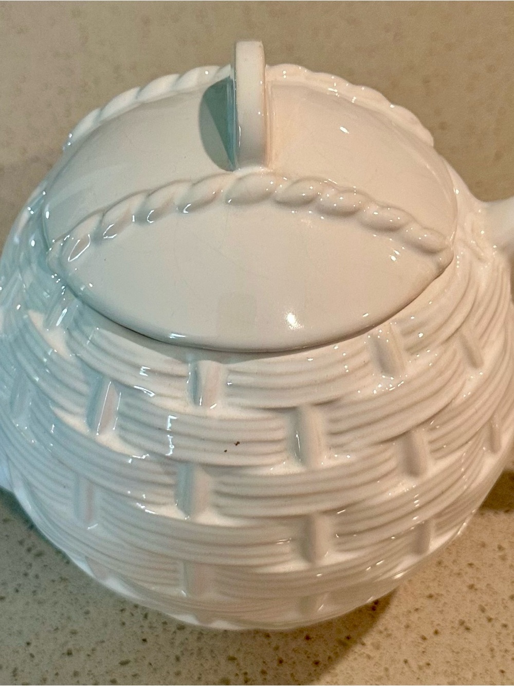 White Basket Weave Ceramic Teapot